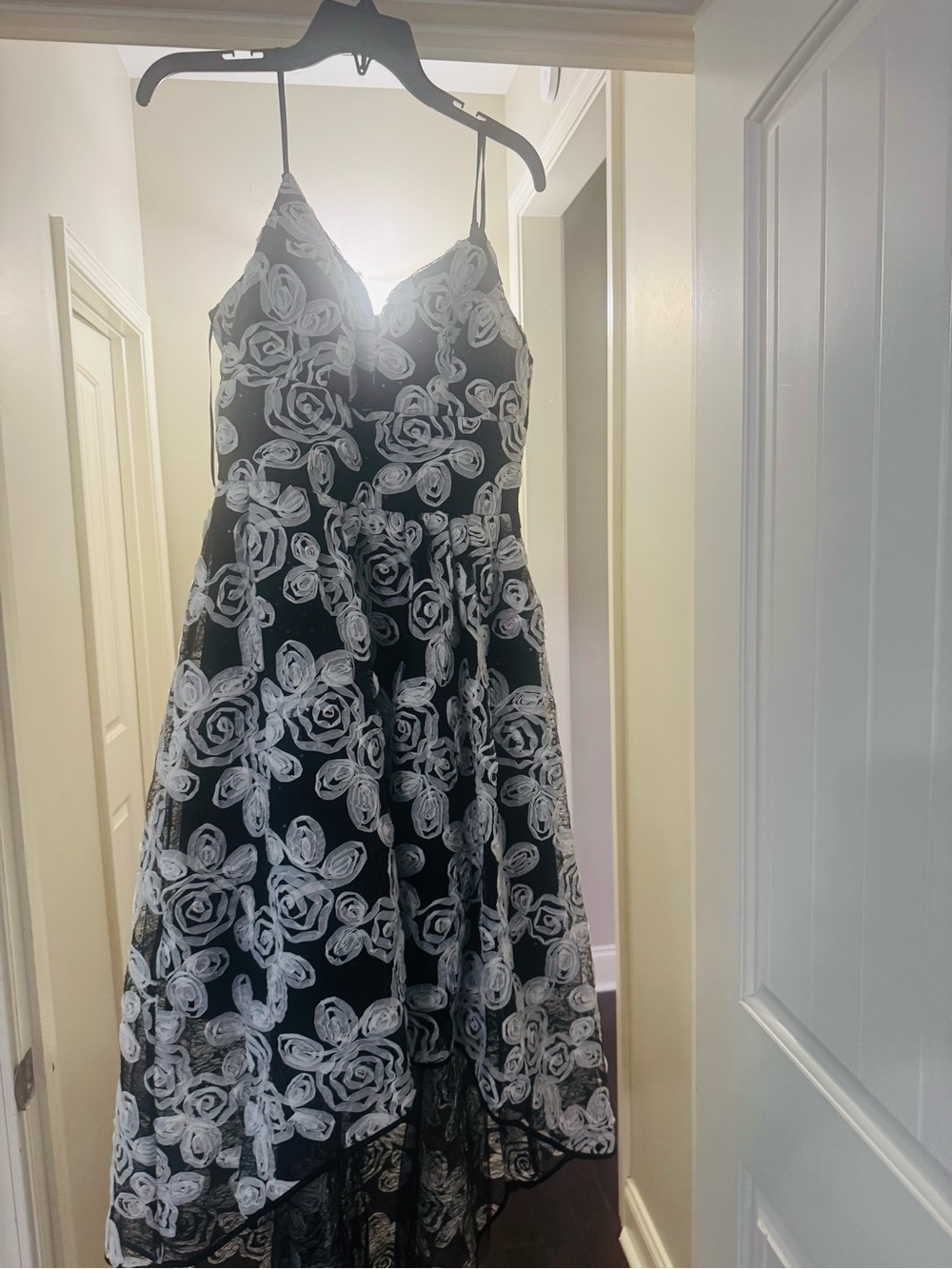Nicole Miller Black Dress with White Floral Lace High-Low Hem